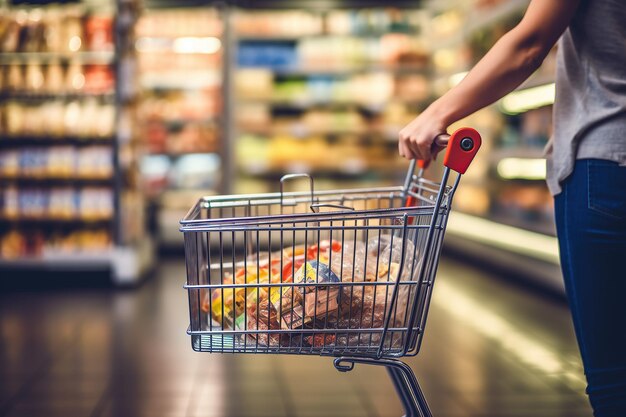 Woman hand hold shopping cart with blur supermarket fresh product shelves background