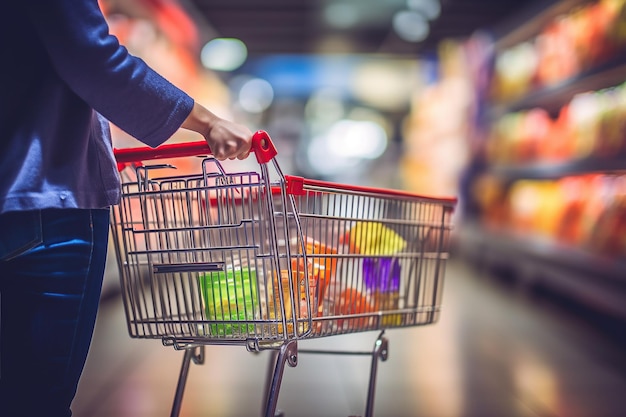 Woman hand hold shopping cart with blur supermarket fresh product shelves background