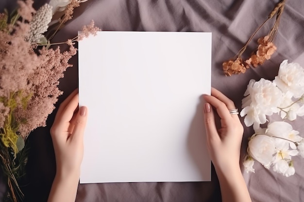 Woman hand hold white paper with flower background