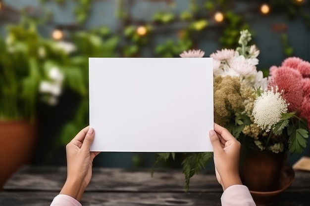 Woman hand hold white paper with flower background