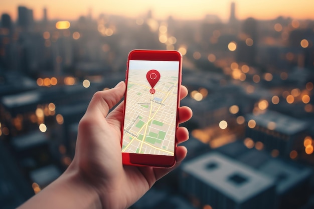 Woman hand holding a big gps red icon on map in smartphone on city background