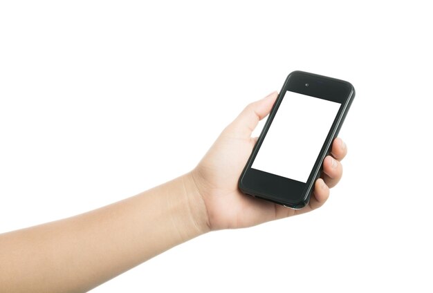 空白の画面で黒いスマートフォンを持っている女性の手