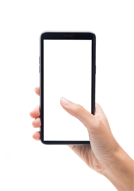 Woman hand holding the black smartphone and touching on blank screen isolated on white background