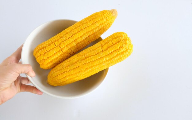 Woman hand holding bowl of sweet ripe corn isolated on white background