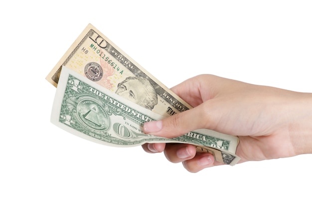 Woman hand holding dollar money to pay isolated on white 