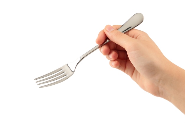 Woman hand holding a fork on white