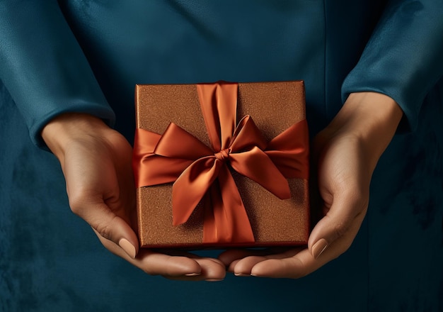 Woman hand holding a gift with gold ribbon bow on blue background