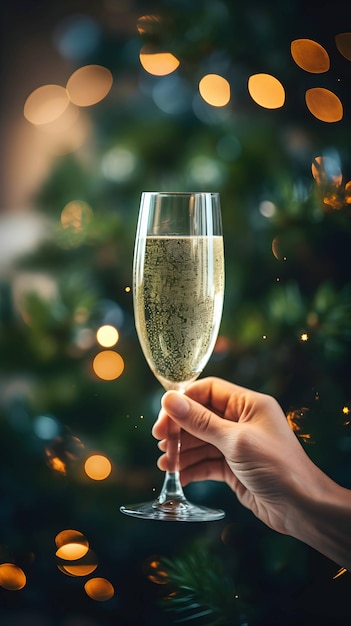 Woman hand holding a glass of champagne Christmas celebration AI generated image