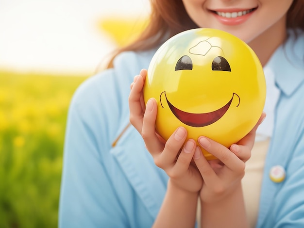 Photo woman hand holding happy smile sphere positive thinking mental health assessment