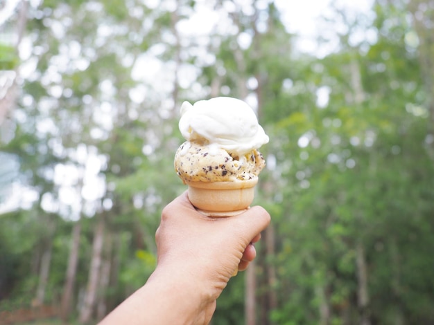 Cono gelato della holding della mano della donna sopra priorità bassa verde vaga della foresta