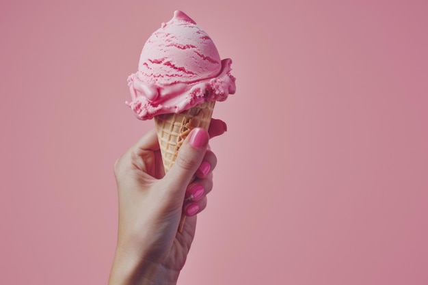 Photo woman hand holding an ice cream cone on a pink background