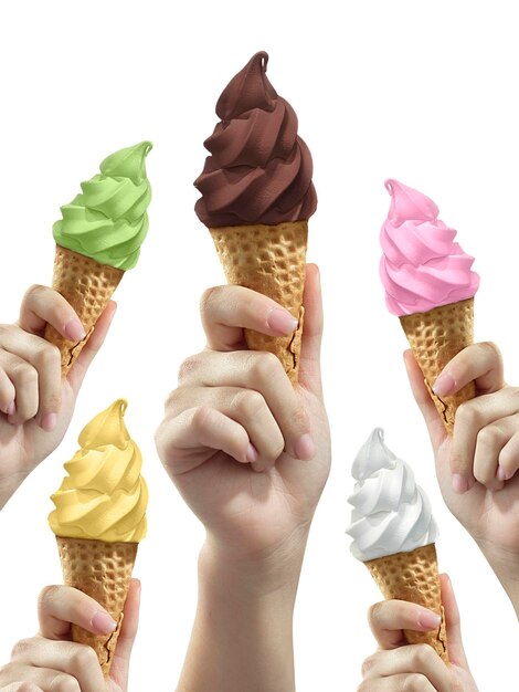 A woman hand holding an ice cream cone on a white background