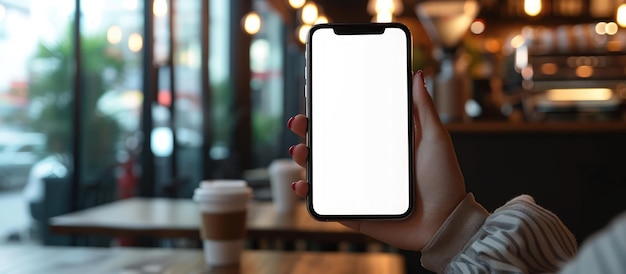 Woman hand holding a mobile phone white blank screen for mockup at coffee shop Generated AI image