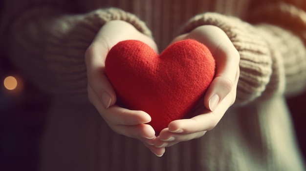 Женщина держит руку и предлагает красную форму сердца
