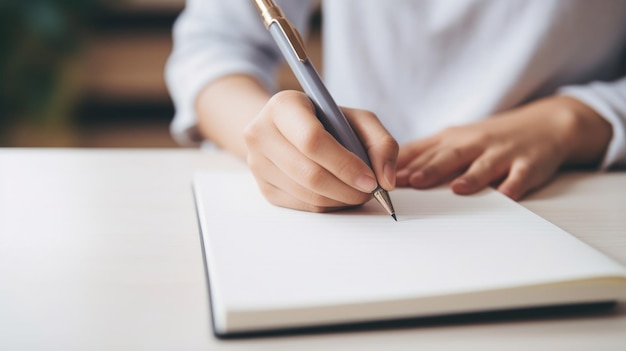 Женщина с ручкой, держащей ручку, готовится написать что-то в тетради