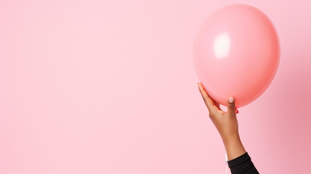Woman hand holding pink balloon against pastel background