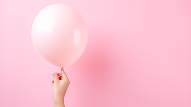 Woman hand holding pink balloon against pastel background