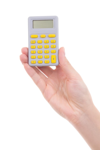 Woman hand holding pocket calculator isolated on white