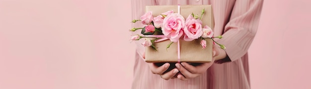 ピンクの花のプレゼントボックスを握っている女性の手