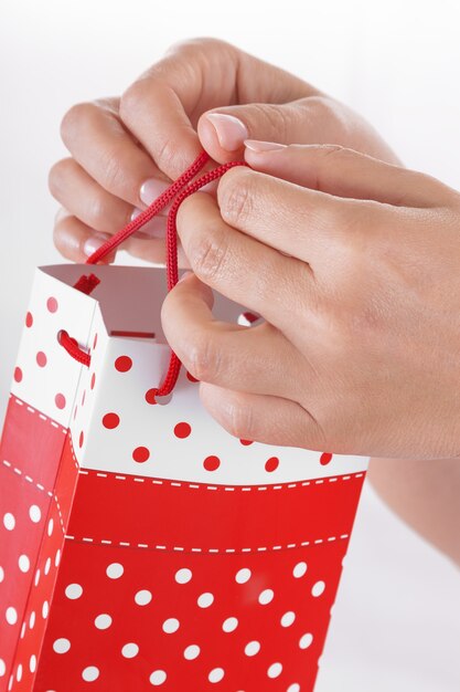 Woman Hand Holding Red Gift Bag with Present on a white background