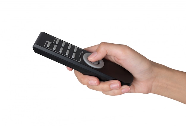 Woman hand holding remote control isolated on white