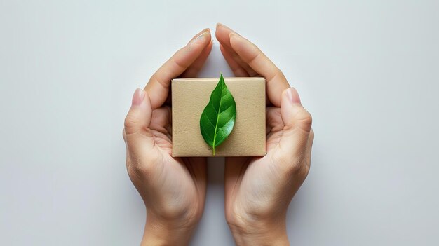 Photo a woman hand holding small brown box with leaves top of it from natural resources with a big space for text or product generative ai