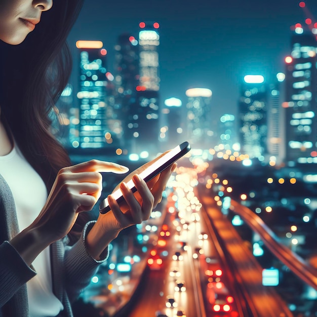 Woman hand holding a smart phone at outdoor for online digital application