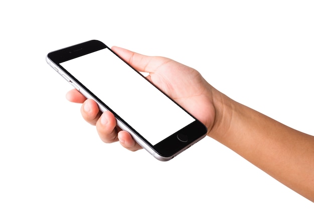 Woman hand holding a smartphone blank white screen. Female holds the modern mobile phone on hands