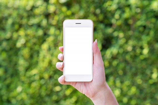 Woman hand holding smartphone on blurred leaves background