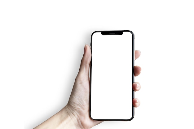 空白の画面でスマートフォンを持っている女性の手