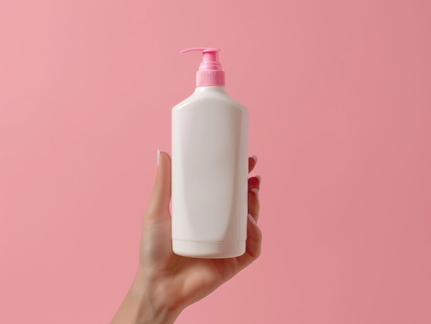 パステル色の背面にラベルが付いていないシャンプーのエレガントな白いボトルを掲げている女性の手
