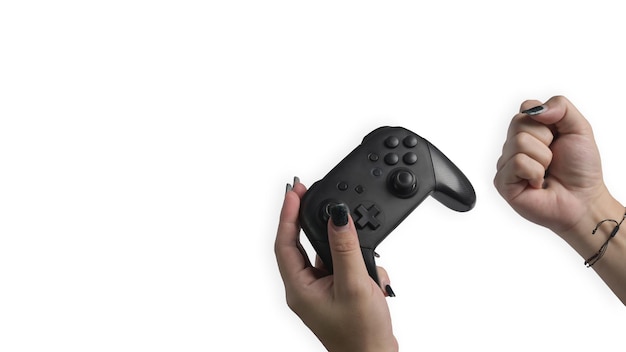 Woman hand holding video game console controller isolated on white background