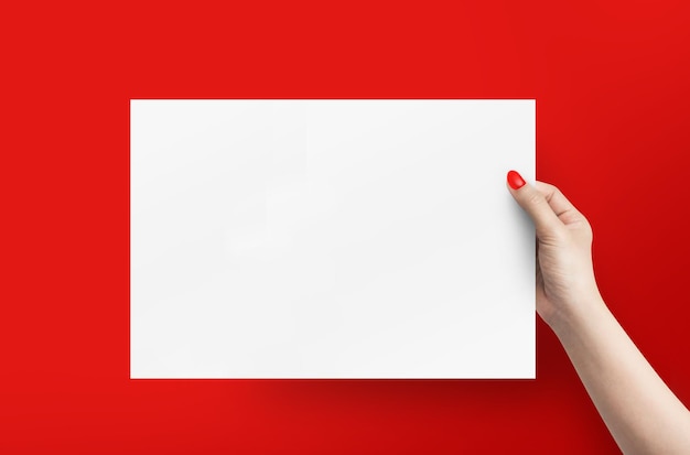 Woman hand holding white blank paper on red backgroundxA