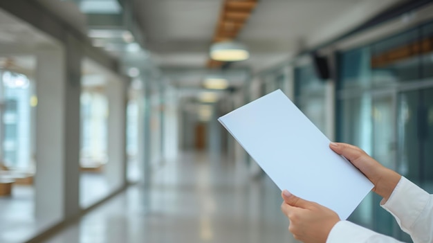 Woman hand holding a white sheet of paper in the office corridor