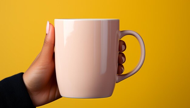 A woman hand holding a yellow coffee cup generated by artificial intelligence