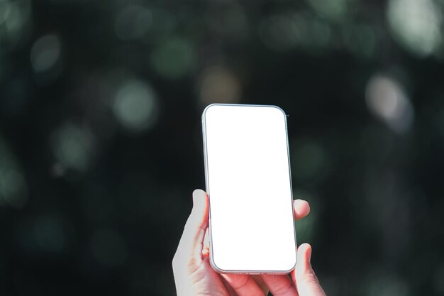 Woman hand holds modern white screen smartphone on floral\
background travel concept business office ideas choice of travel\
copy space online store technology digital cyberspace web\
network