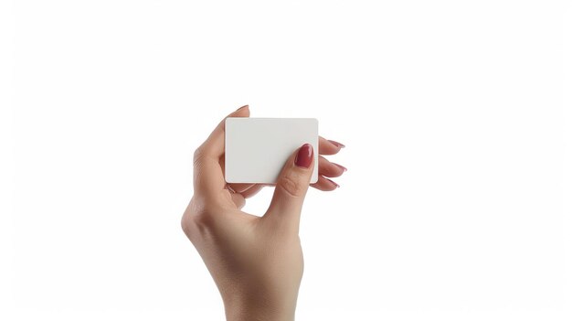 Woman hand holds virtual card or smart phone on white background