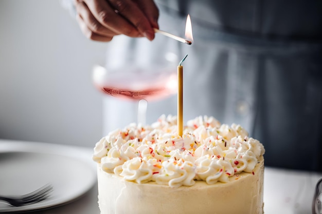 Foto la mano della donna che accende la candela di compleanno