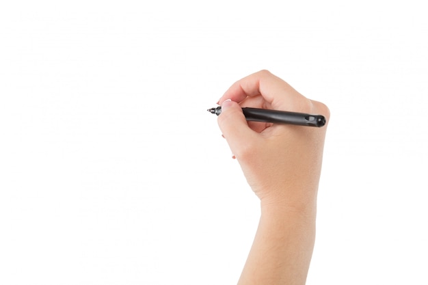 Woman hand is ready for writing with marker Isolated on white 