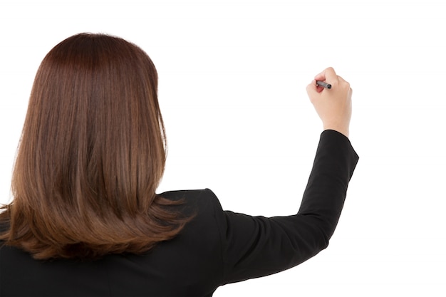 Woman hand is ready for writing with marker Isolated on white 