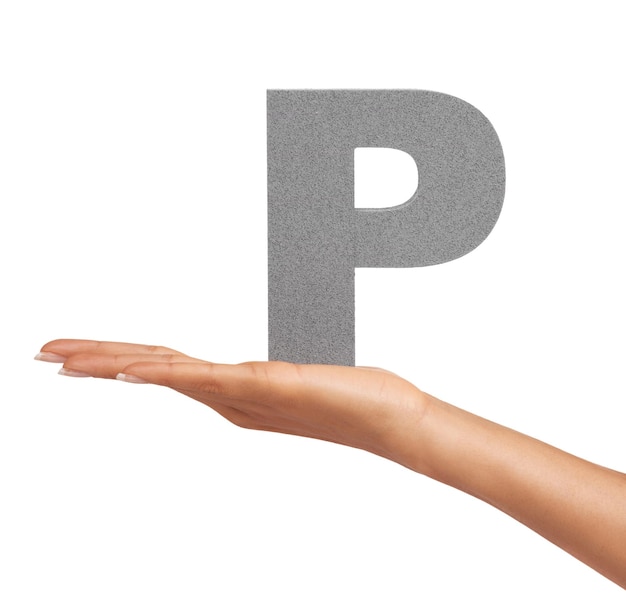 Woman hand and letter P or alphabet in studio for marketing learning or teaching presentation Sign font or character for icon text or communication and grammar or symbol on white background