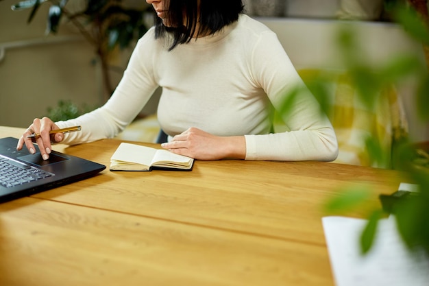 Mano della donna che fa le note nel libero professionista della donna di affari del blocco note