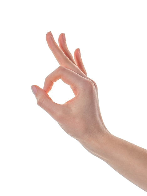 Woman hand in ok sign isolated on a white. Body language.