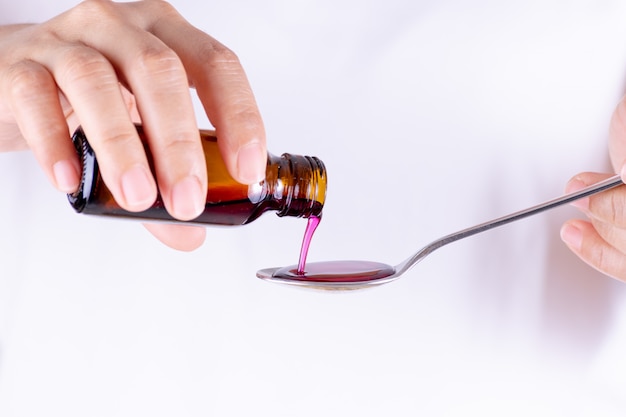 Woman hand pouring antipathetic syrup from bottle to spoon. Healthcare and medical concept.