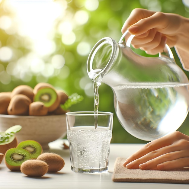 Woman hand pouring fresh water from jug into glass on white blurred background