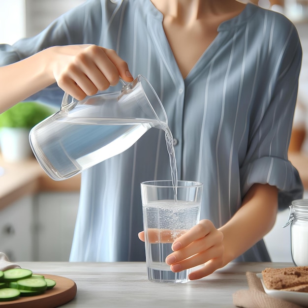 Woman hand pouring fresh water from jug into glass on white blurred background