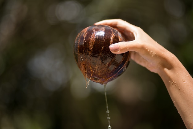 Woman hand pulled out coconut from water. jungle green background.