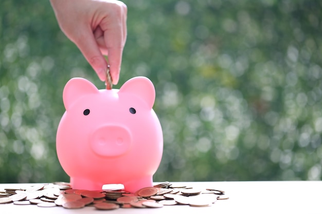 Woman hand putting a coin into piggy bank on green background