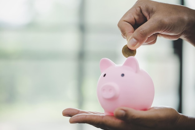 Woman hand putting money into piggy