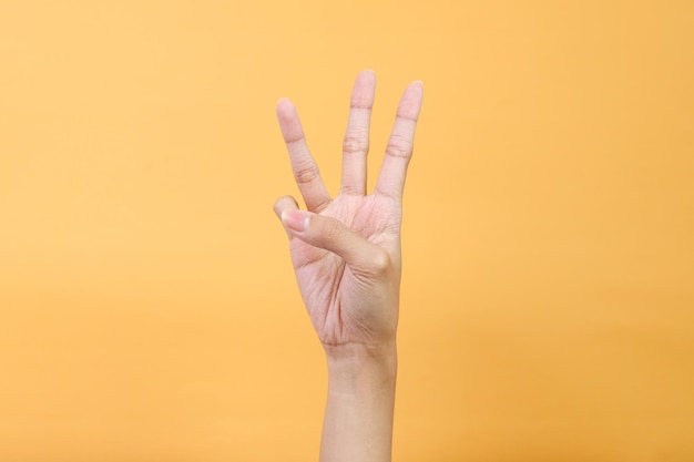 Woman hand showing number three sign on yellow background